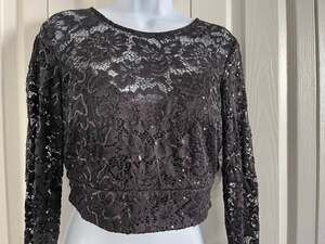 B. Darlin Black Sequin Lace Crop Top Open Back Juniors 13/14 Long Sleeve Party